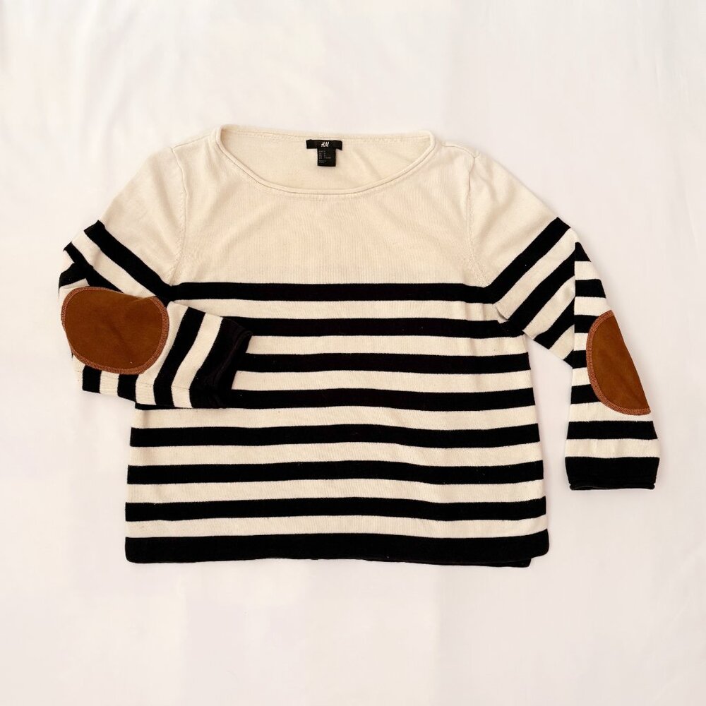 H&M black and cream striped 3/4 sleeve sweater with elbow patches Medium